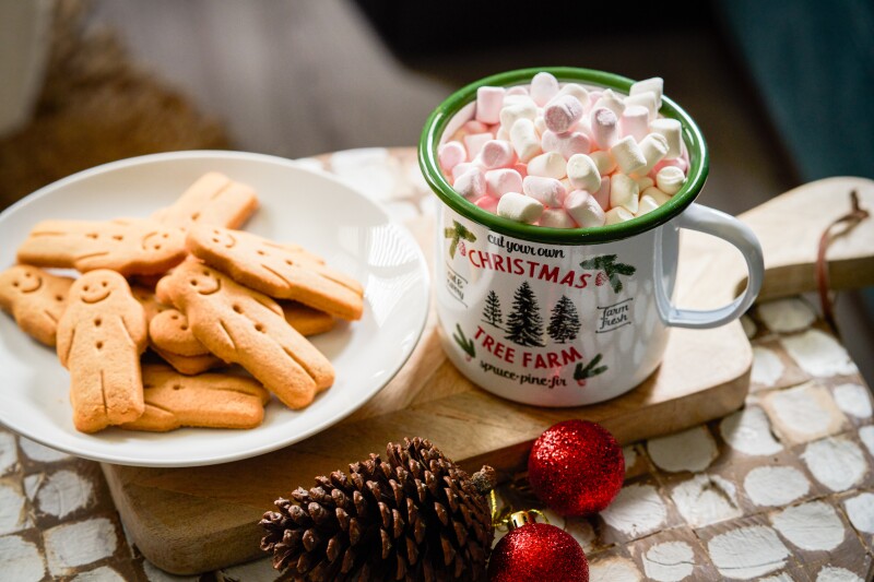 Closeup of gingerbread cookies on a plate next to a vintage-style mug of hot chocolate on a wooden cutting board. Styled with pinecone and red ornaments as accents.