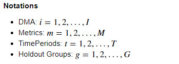 Notation showing definition of DMA i, Metrics m, Timeperiods t, holdout groups g