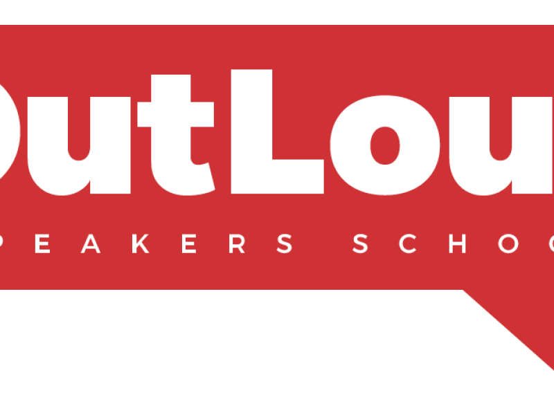OutLoud Speakers School logo with white text on red background