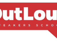 OutLoud Speakers School logo with white text on red background