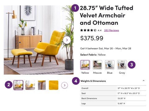Image of yellow chair and ottoman selling online on Wayfair