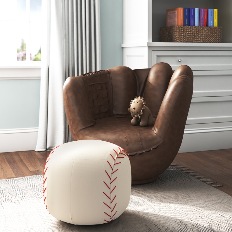 Baseball-glove shaped leather chair with baseball shaped ottoman.