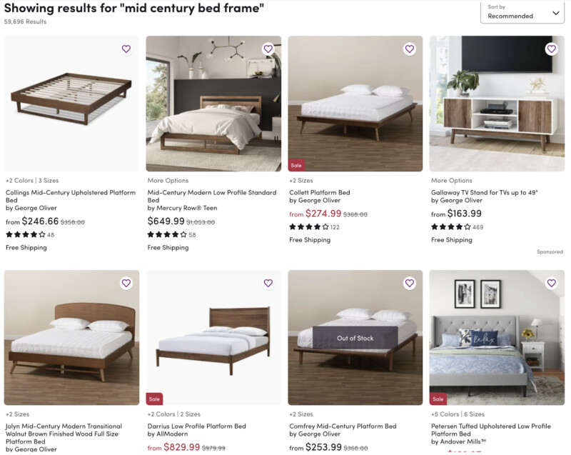 A wayfair search page with the search term "mid century bed frame" shows images of mid century bed frames