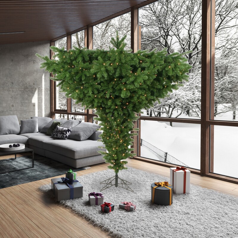 Inverted T-shaped artificial Christmas tree.