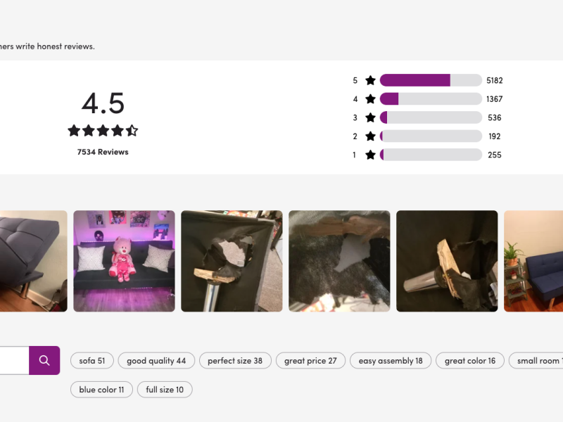 Product detail page for a sofa showing ratings as well as 8 user-contributed images