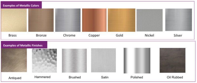 Swatches of metallic colors (brass, bronze, chrome, copper, gold, nickel, silver) are shown with swatches of metallic finishes (antiqued, hammered, brushed, satin, polished, oil-rubbed)