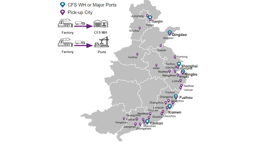 A map of the CGF origin trucking services to major ports and pick-up cities