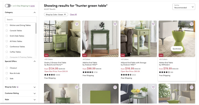 A Wayfair search page for the query "hunter green table" shows a page of green tables