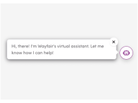 A robot icon with a word bubble saying "Hi, there! I'm Wayfair's virtual assistant. Let me know how I can help!"