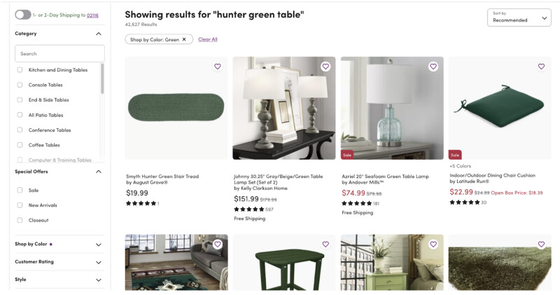A screenshot of the Wayfair Search Page displaying a search for "hunter green table". Search results show rugs, chair cushions, and tables