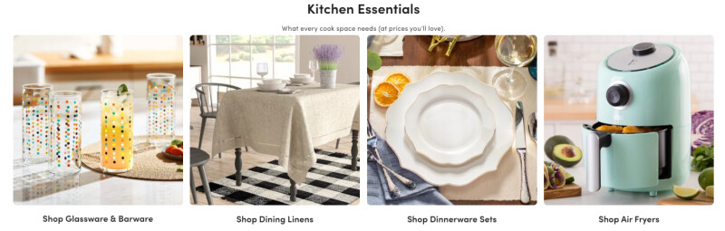 image showing 4 categories of kitchen essentials furniture items including glassware, linens, dinnerware, air fryers