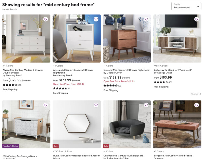 A Wayfair search page with the search term "mid century bed frame" shows images of mid century nightstands, storage units, benches, mirrors, and a dog bed