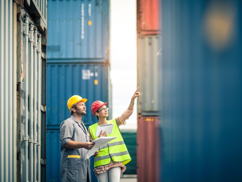Commercial docks worker and inspector at work