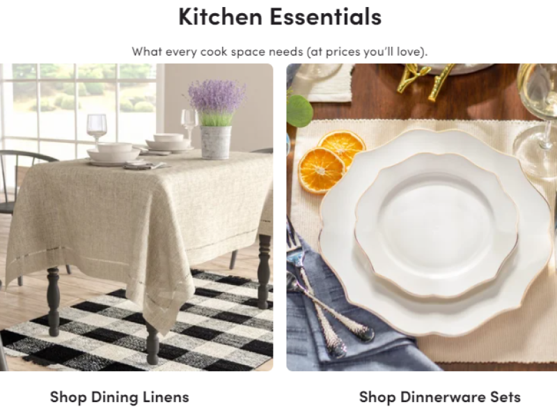 image showing 4 categories of kitchen essentials furniture items including glassware, linens, dinnerware, air fryers
