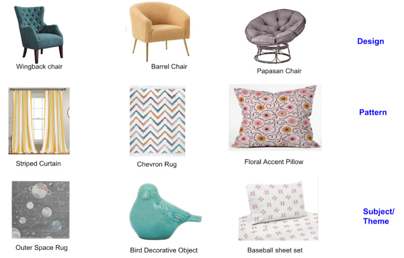 three-by-three matrix of products, with each row showing characteristics of different tags. In the first row, we demonstrate the "Design" tag on chairs, featuring a wingback chair, a barrel chair, and a papasan chair. The second row, demonstrating pattern tags, shows striped curtains, a chevron rug, and a floral accent pillow. In the final row, products differ by subject/theme, with an outer-space rug, bird decorative object, and a baseball sheet set.