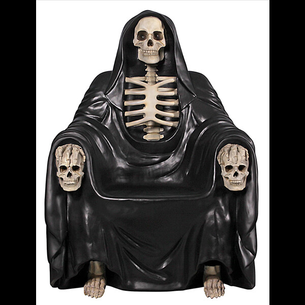 Chair shaped like a skeleton in a black robe holding two skulls.