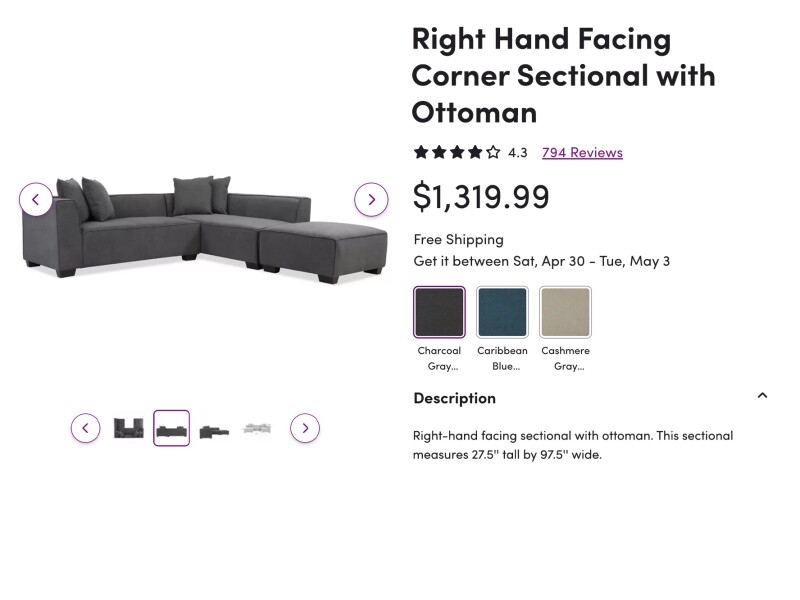 Basic sectional with ottoman product listing on Wayfair missing key details