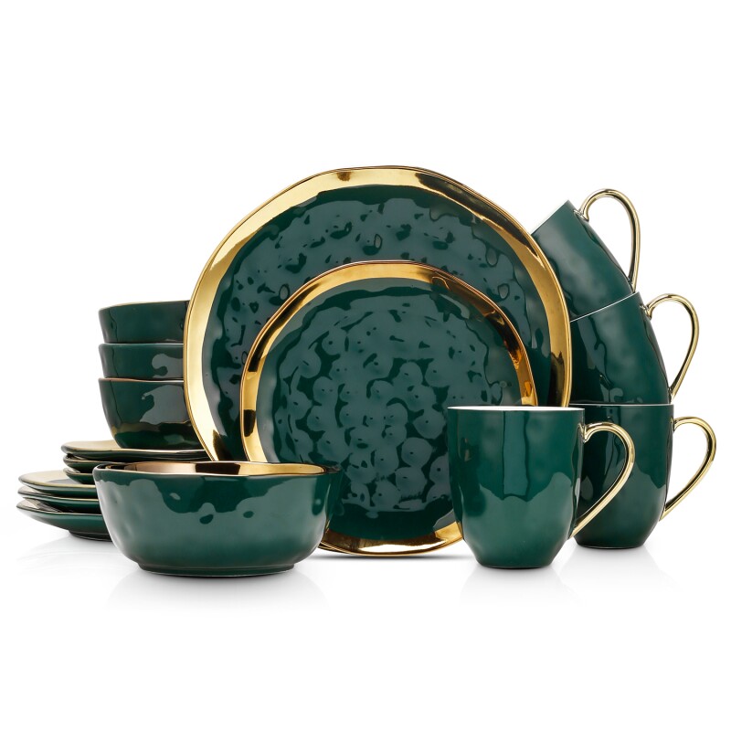 Dark green ceramic dinnerware set with gold rim detail