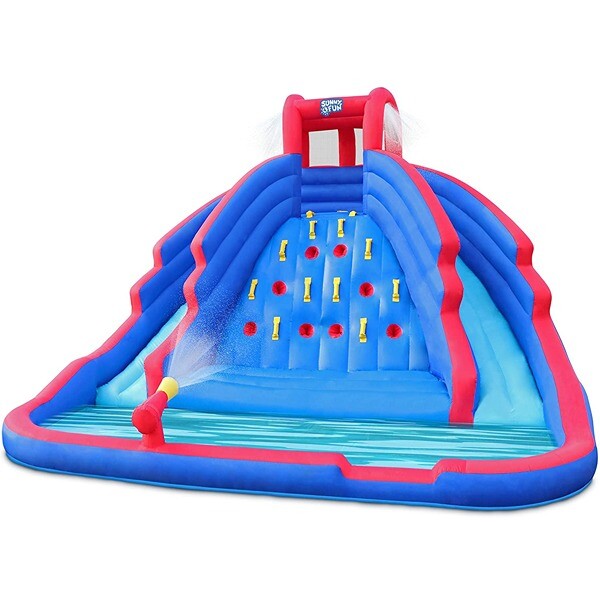Large blue and red bouncy water play feature.